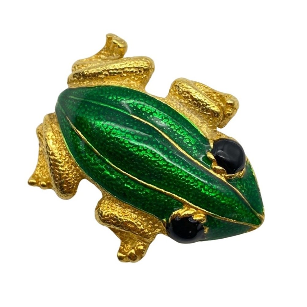 Frog brooch lapel pin green enamel gold tone black eyes unmarked reptile amphibi